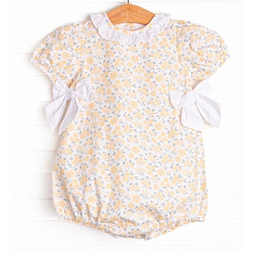Stitched Yellow Floral Cotton Romper‎ Bubble Ruffle Collar Side Bows 3T